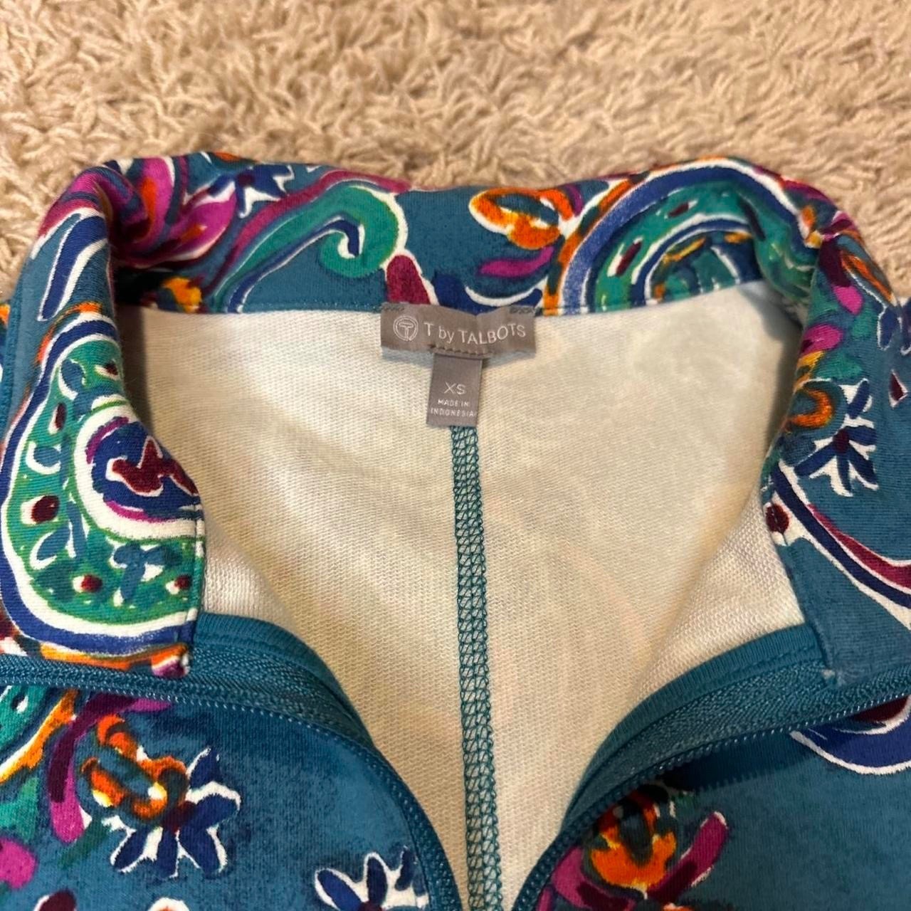 T by Talbots Womens XS Teal Paisley Quarter Zip Pullover Long Sleeve Top Pockets