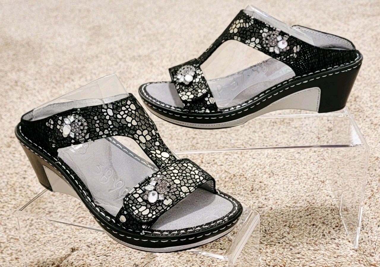 Womens Alegria Lara Black Pewter Mosaic Leather Lar780 Wedge Slides Sandals 6 36