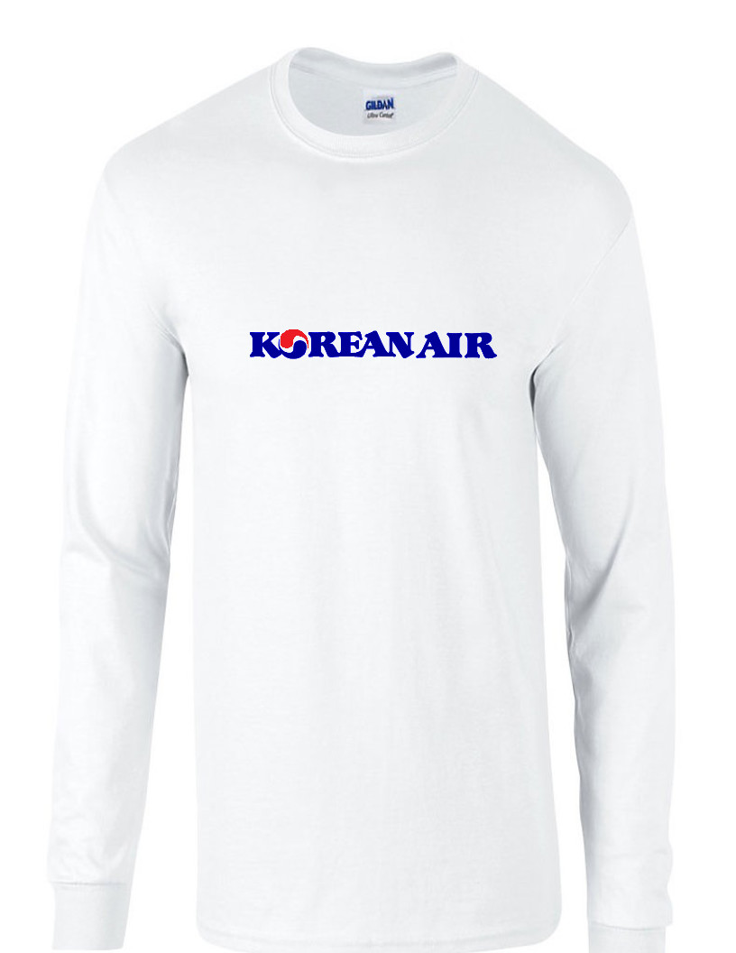 KOREAN Air Dark Blue Red Logo Retro Airline White Long Sleeve Cotton T-Shirt