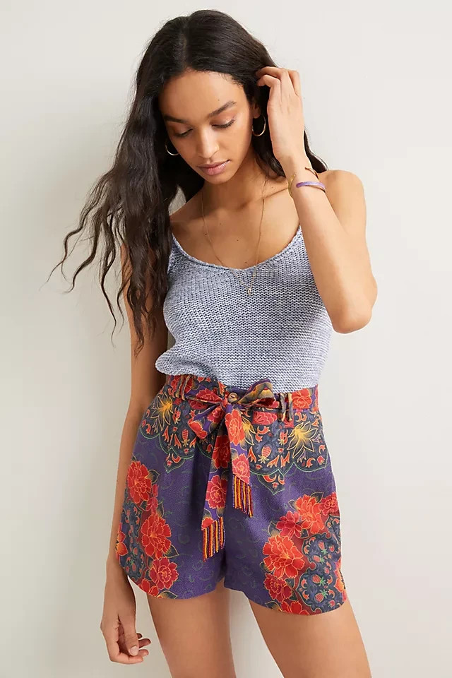 Farm Rio Anthropologie FAB! Bright Floral Mandala Linen Blend Tassel Shorts XS