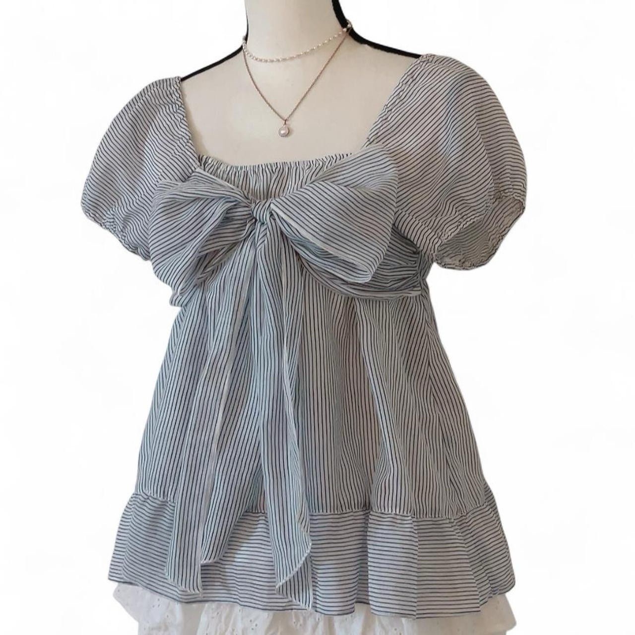 Japanese Brand Striped Chest Ribbon Babydoll Ruffle Blouse