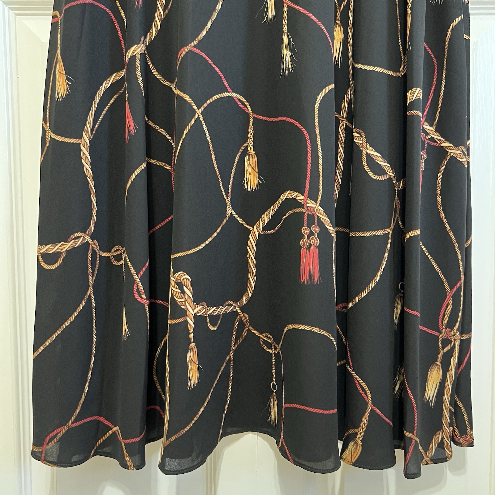 Lauren Ralph Lauren Black Tassel-Print Georgette Tie Neck Midi Dress Size 14