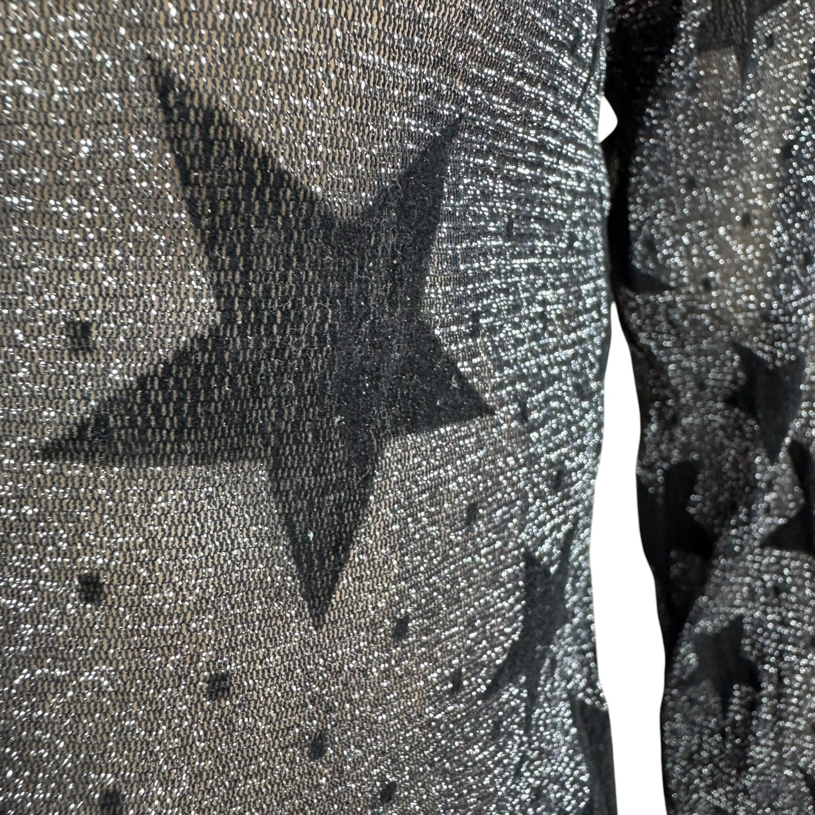 New Haoduoyi Black Stars Tie Front Shimmery Silver Long Sleeves Blouse Size S