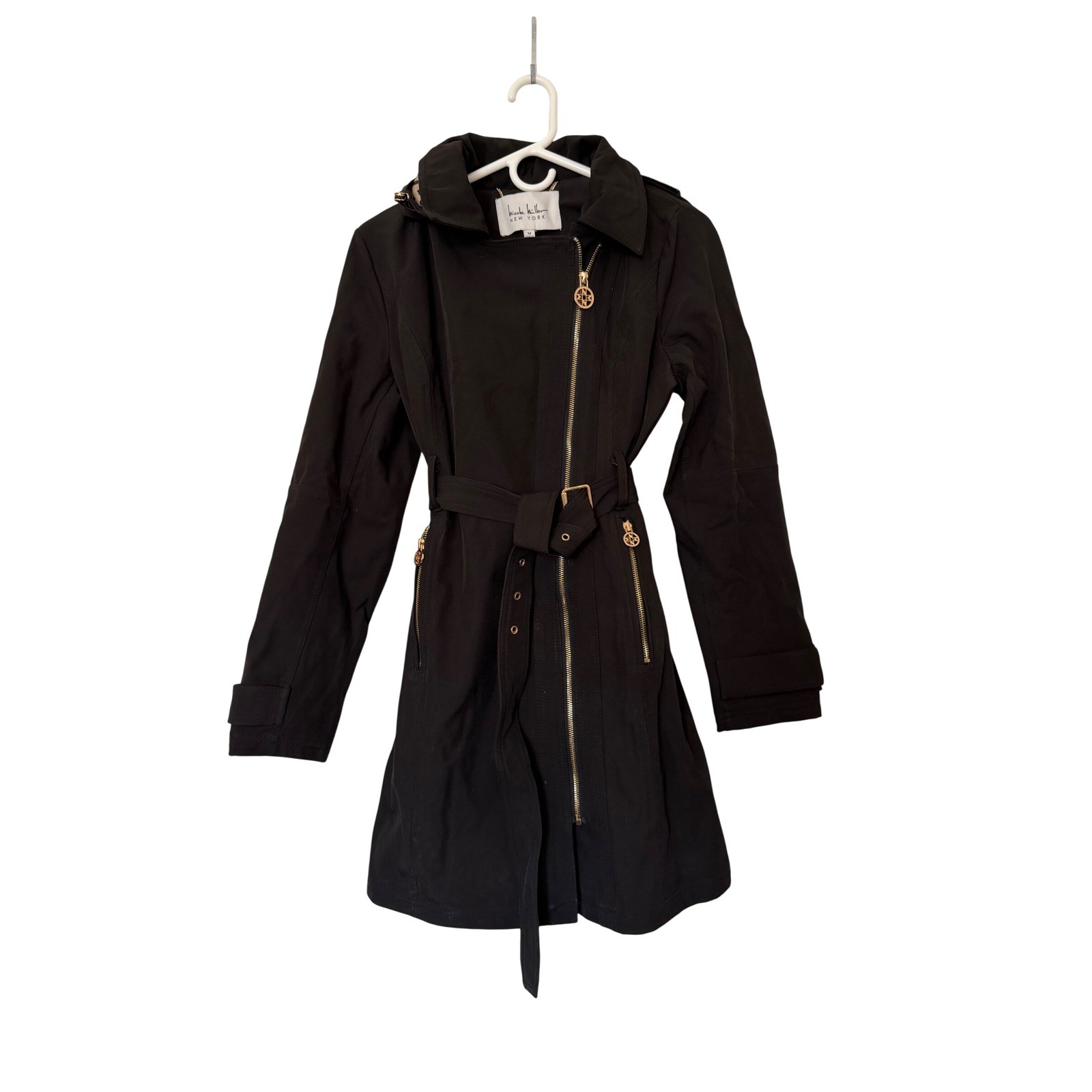 Nicole Miller New York Trench Coat Black Belted Leopard Hood Moto Zip Womens M