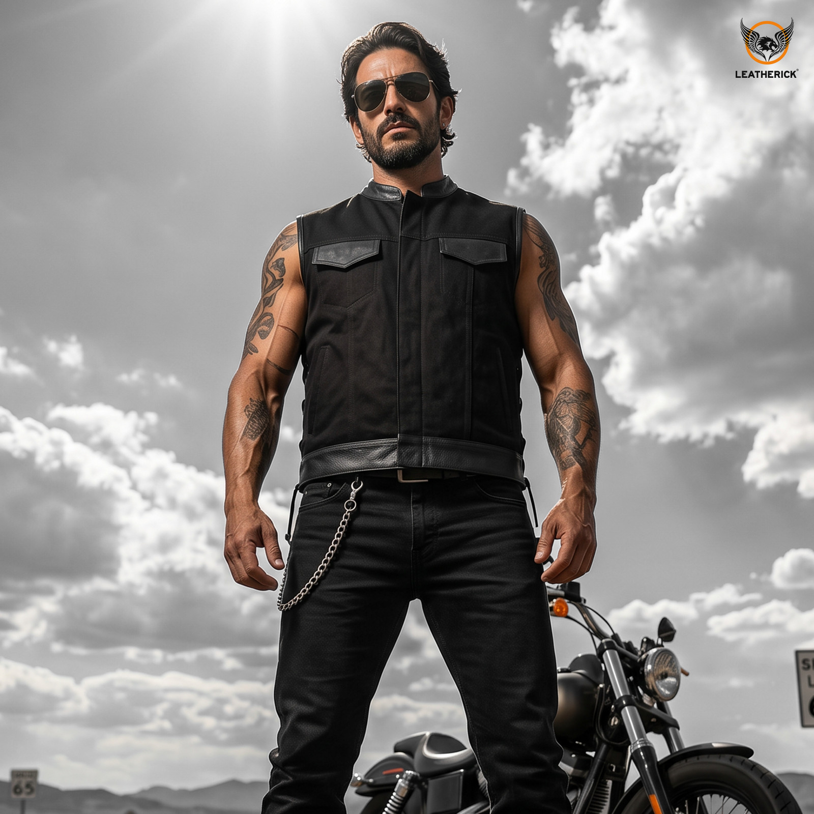 Leatherick Men’s SOA Black Denim Leather Vest Motorcycle Bikers Club Gun Pockets