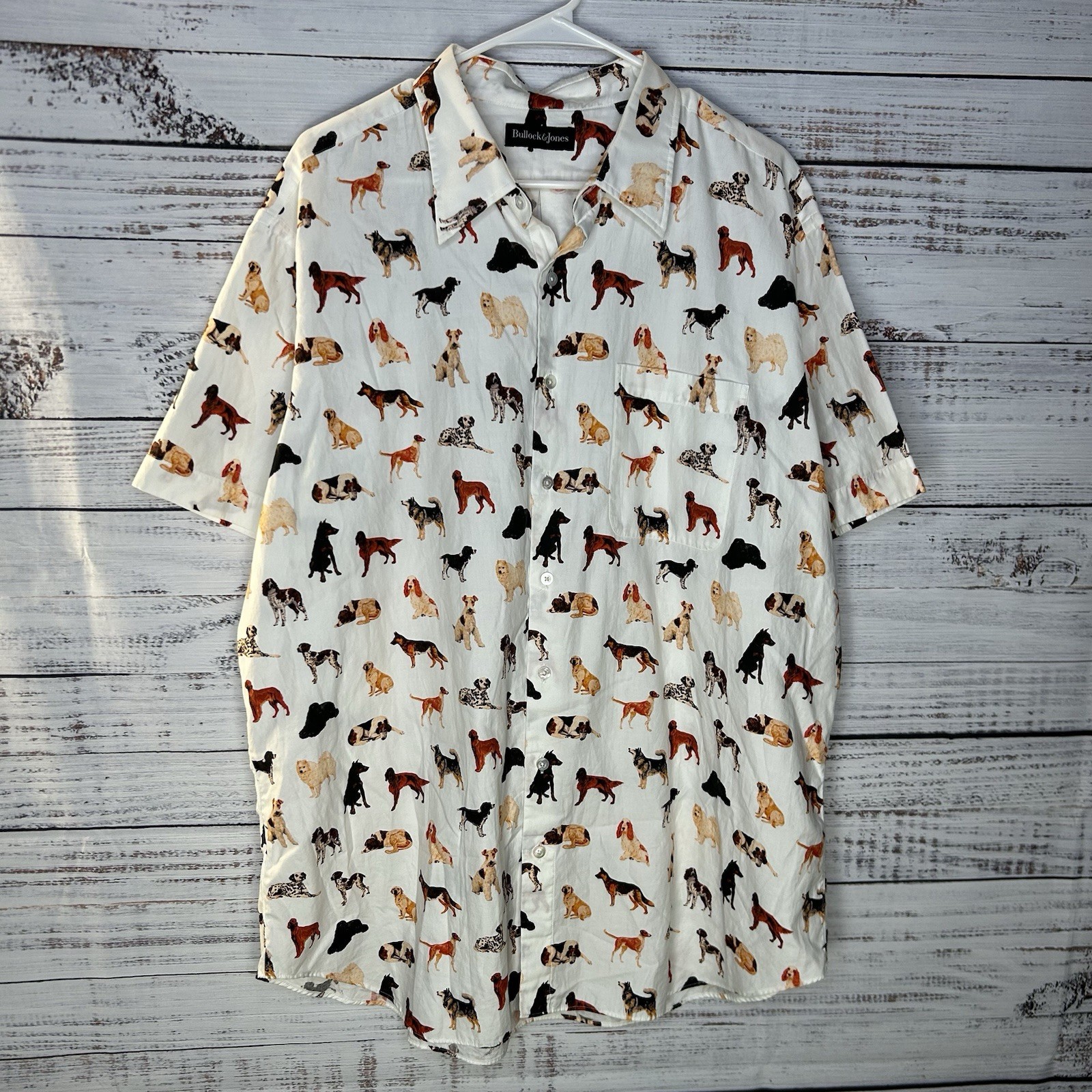 Bullock & Jones Dog Print All Over Dogs Graphic Button Up Camp Shirt Men’s XL