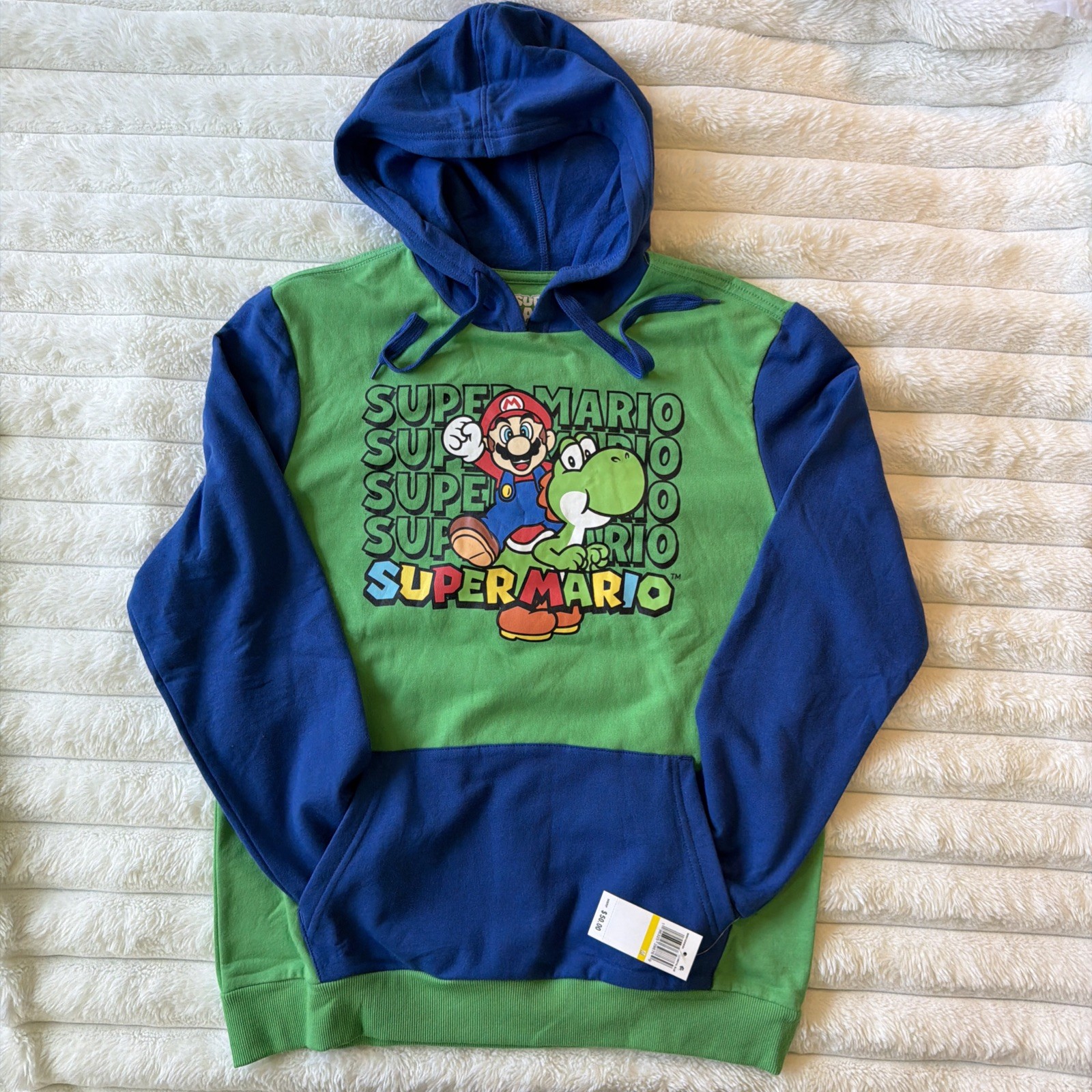 Super Mario-Nintendo Colorblock Pullover Hoodie Unisex Green & Blue Medium (NEW)