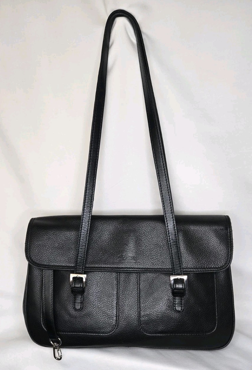 ​Longchamp Black Vintage Pebbled Leather Tote Shoulder Bag Multi Pocket Heritage