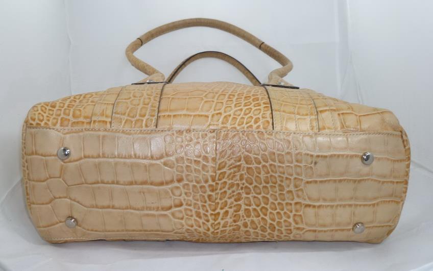 B MAKOWSKY USED CROC EMBOSSED KHAKI LEATHER FOLD OVER TOTE/SHOULDER BAG/SHOPPER