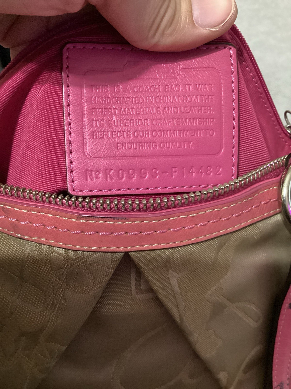 Coach Horse & Carriage Script Sateen Tote Bag Champagne/Pink Trim F14482 As-Is