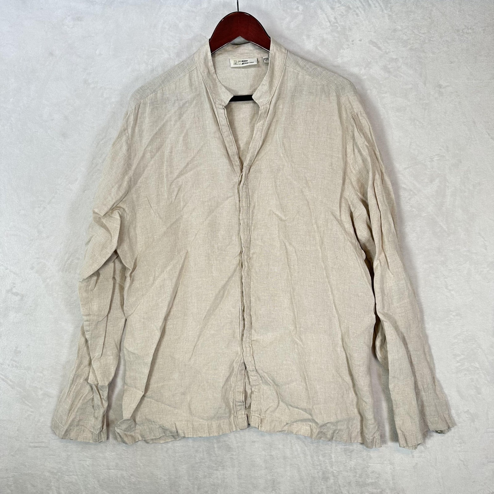 Murano Shirt Mens L Beige Baird McNutt Linen Button Up Band Collar Long Sleeve