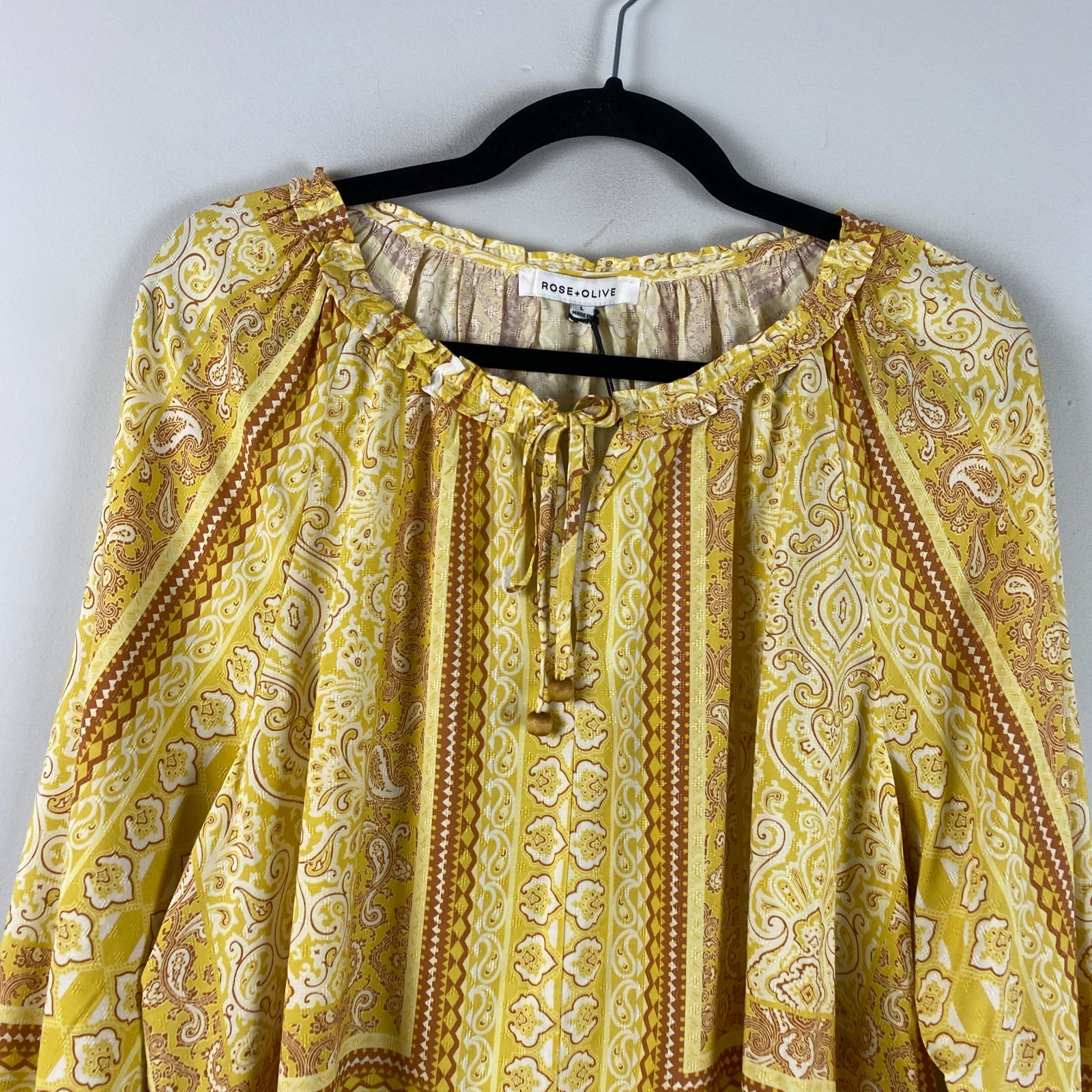 Rose + Olive Paisley Peasant Blouse Size Large Boho Tie Popover Yellow Rayon