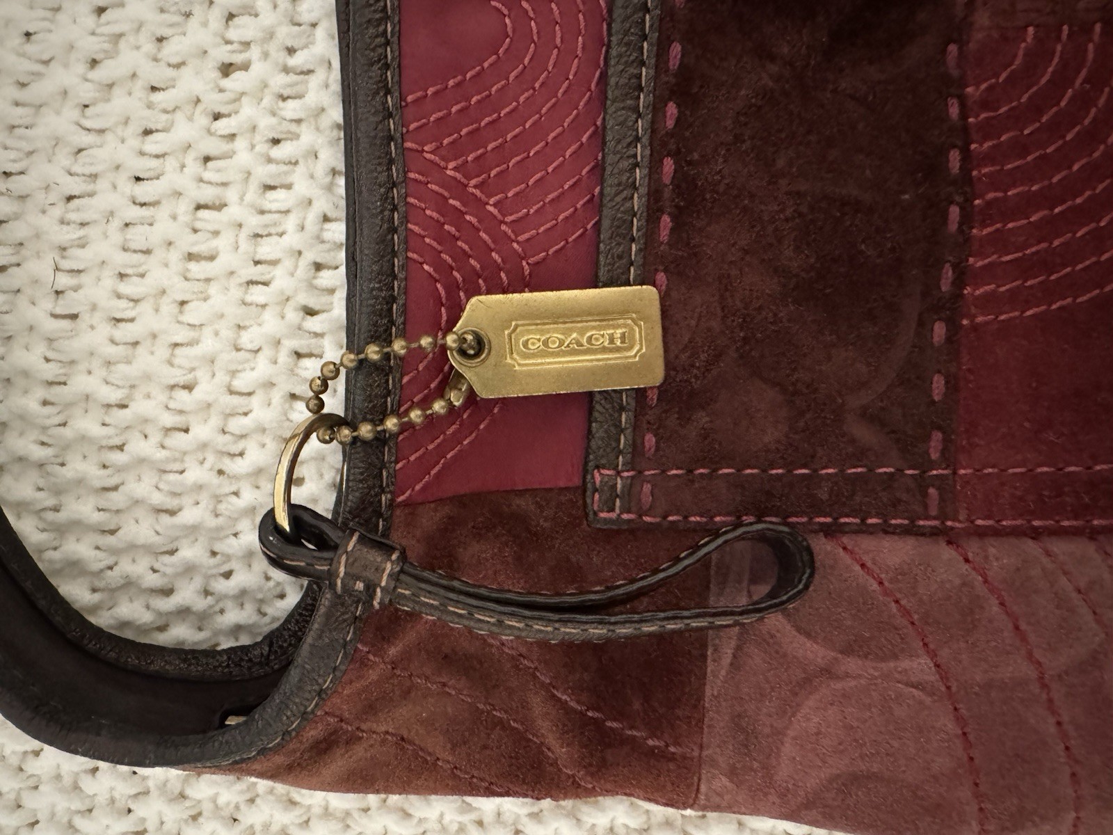 Coach Burgundy Patchwork Crescent Shoulder Bag Zip Top Turnlock + Charm