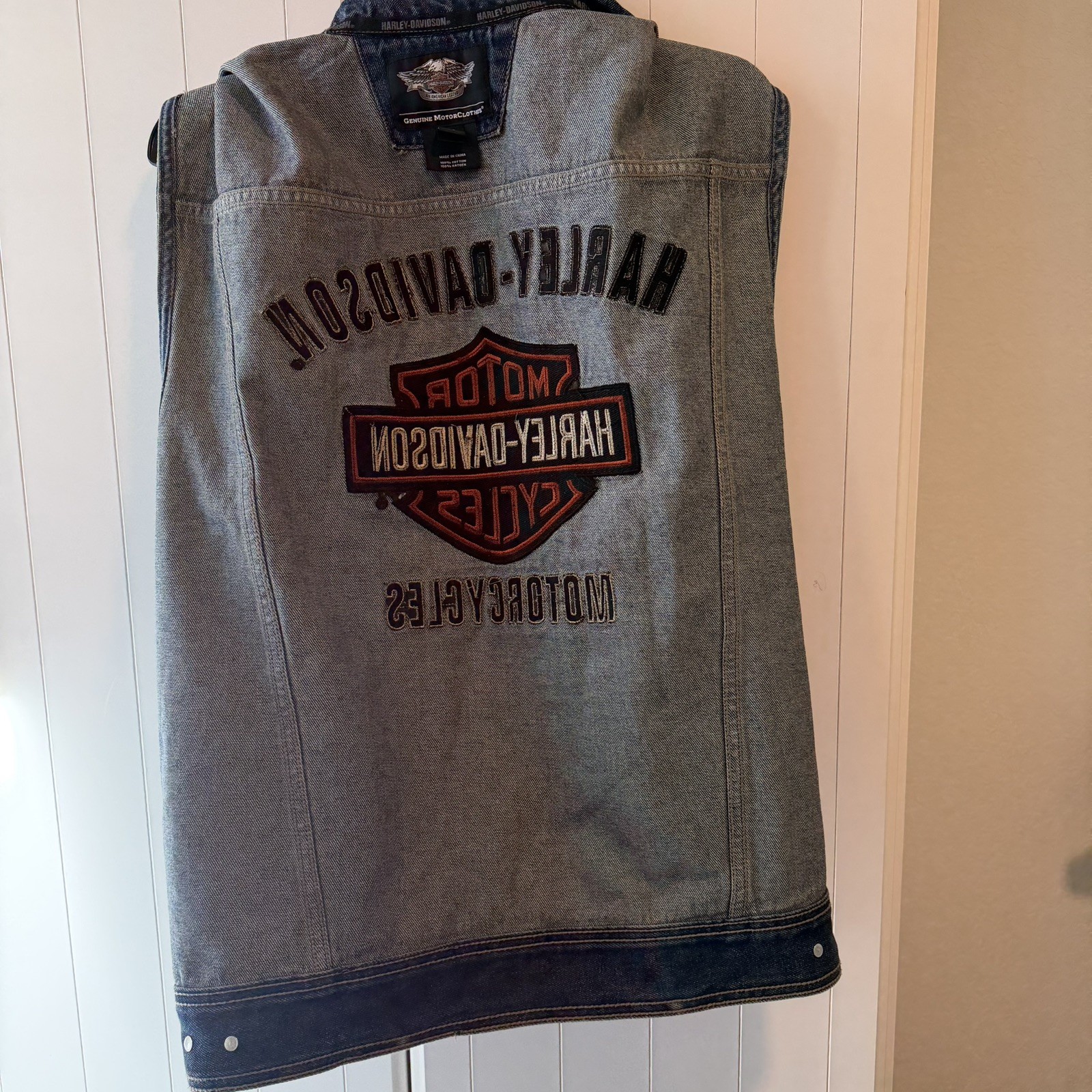HARLEY DAVIDSON MOTORCLOTHES EMBROIDERED PATCH Denim Jean Jacket Vest Blue XL