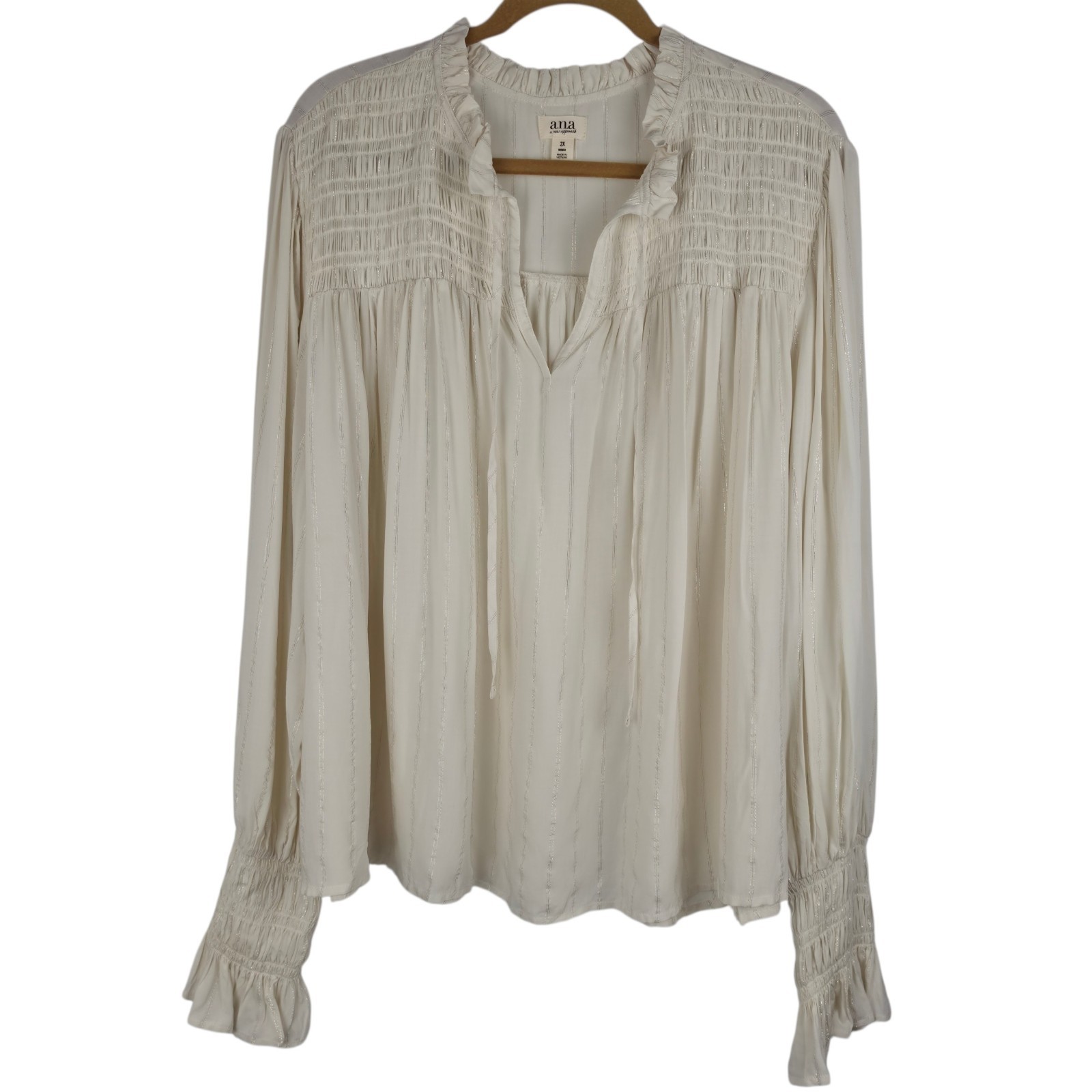 a.n.a 2X Boho Peasant Blouse Ivory Metallic Stripe Smocked Ruffle Cottagecore