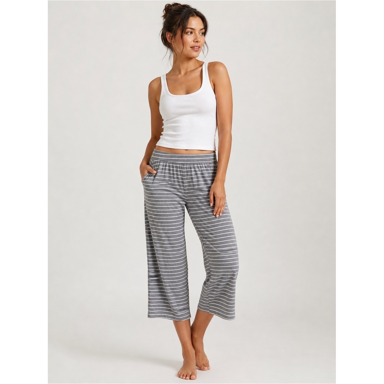 Adrienne Vittadini Studio Gray Striped Wide Leg Lounge Pants Relaxed Fit XL