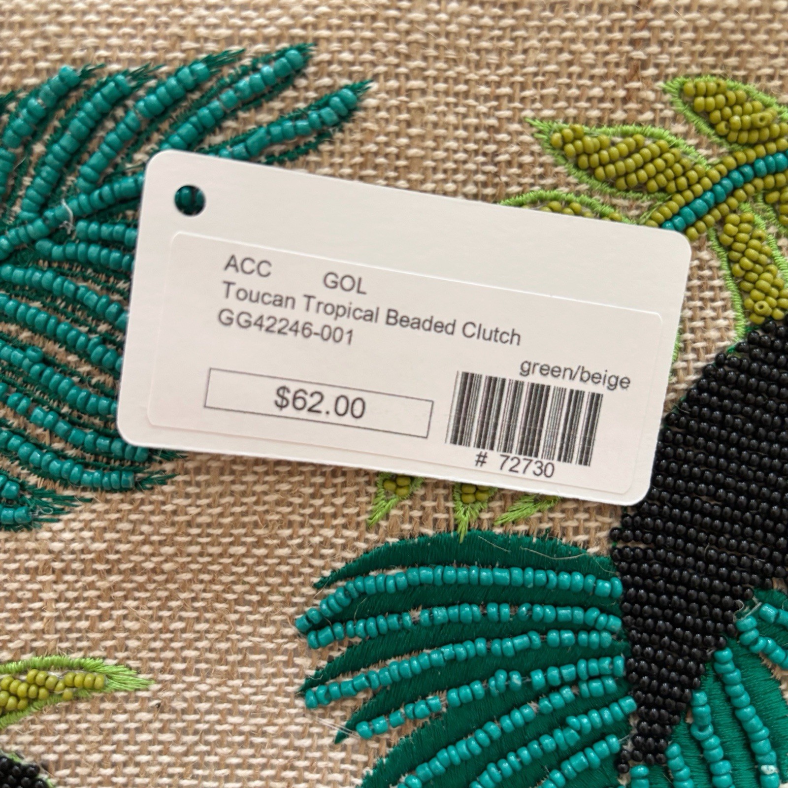 Savvy Beaded Toucan Burlap Clutch Bag 10.25″ X 7.5″ NEW NWT Tropical Summer