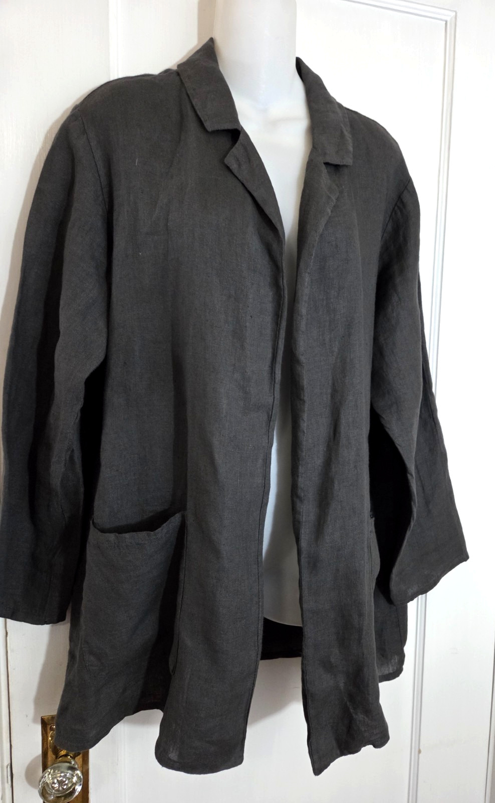 ANGELA MARA Long Open Front LINEN JACKET DUSTER, Size L, Dark Gray ITALY