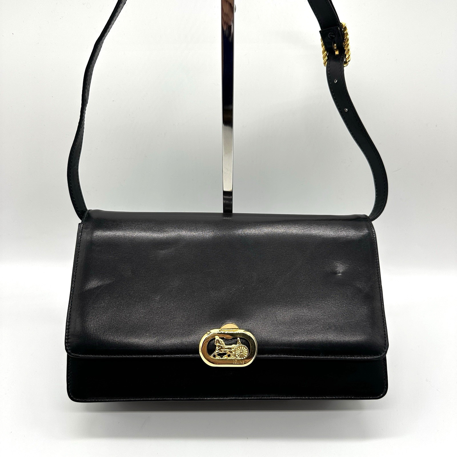 Celine Shoulder Bag Horse Carriage Vintage Black Gold Leather Purse Authentic!!