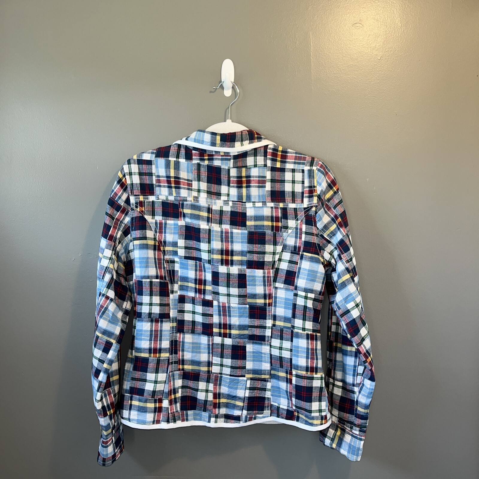 Bill Blass Jeans Quilted Patchwork Blazer Womens M Blue Plaid Cotton Jacket