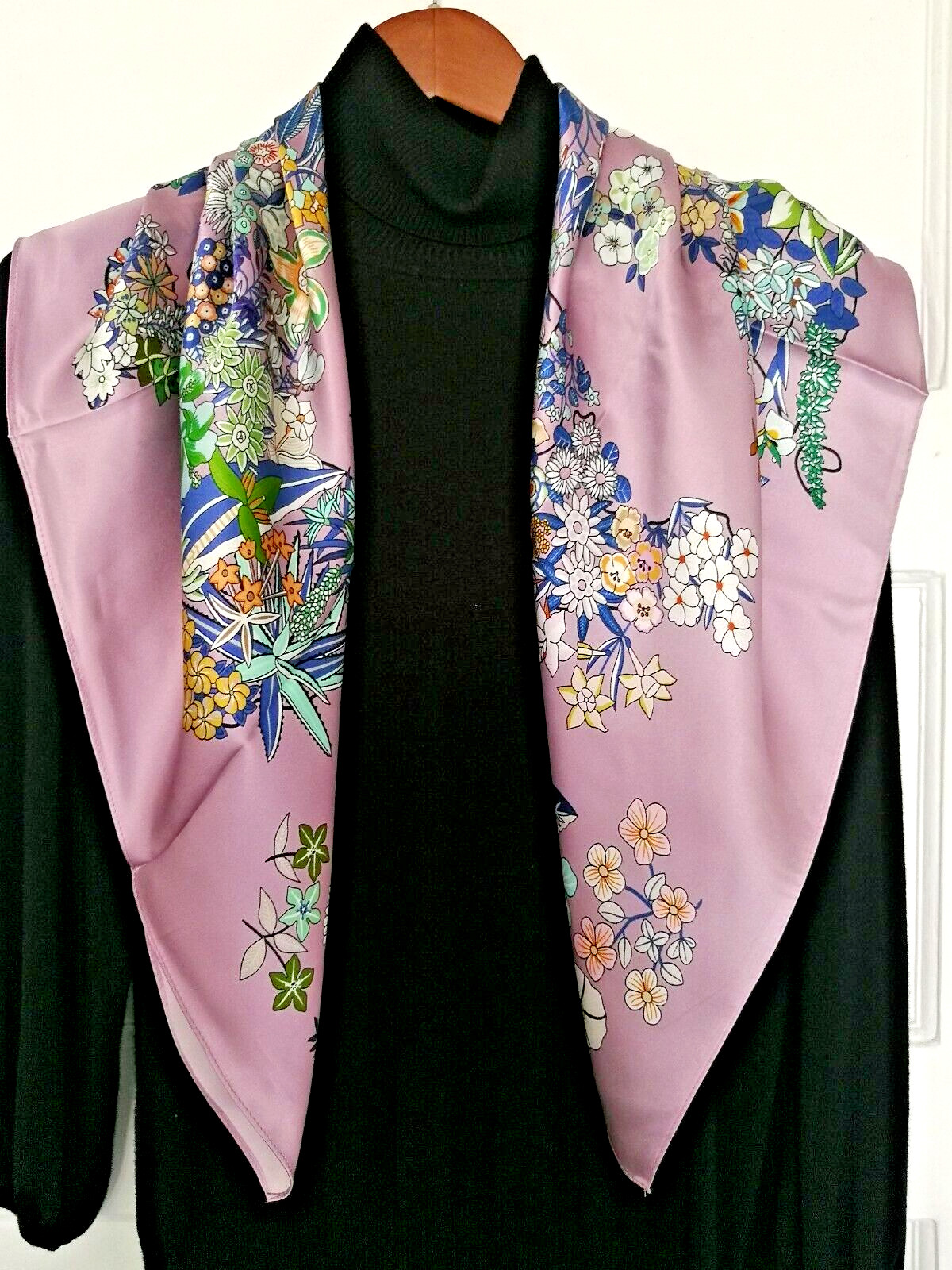 35″x35″Mauve Flower Print Pure Mulberry Satin Silk14momme Scarf 88x88cm4-55