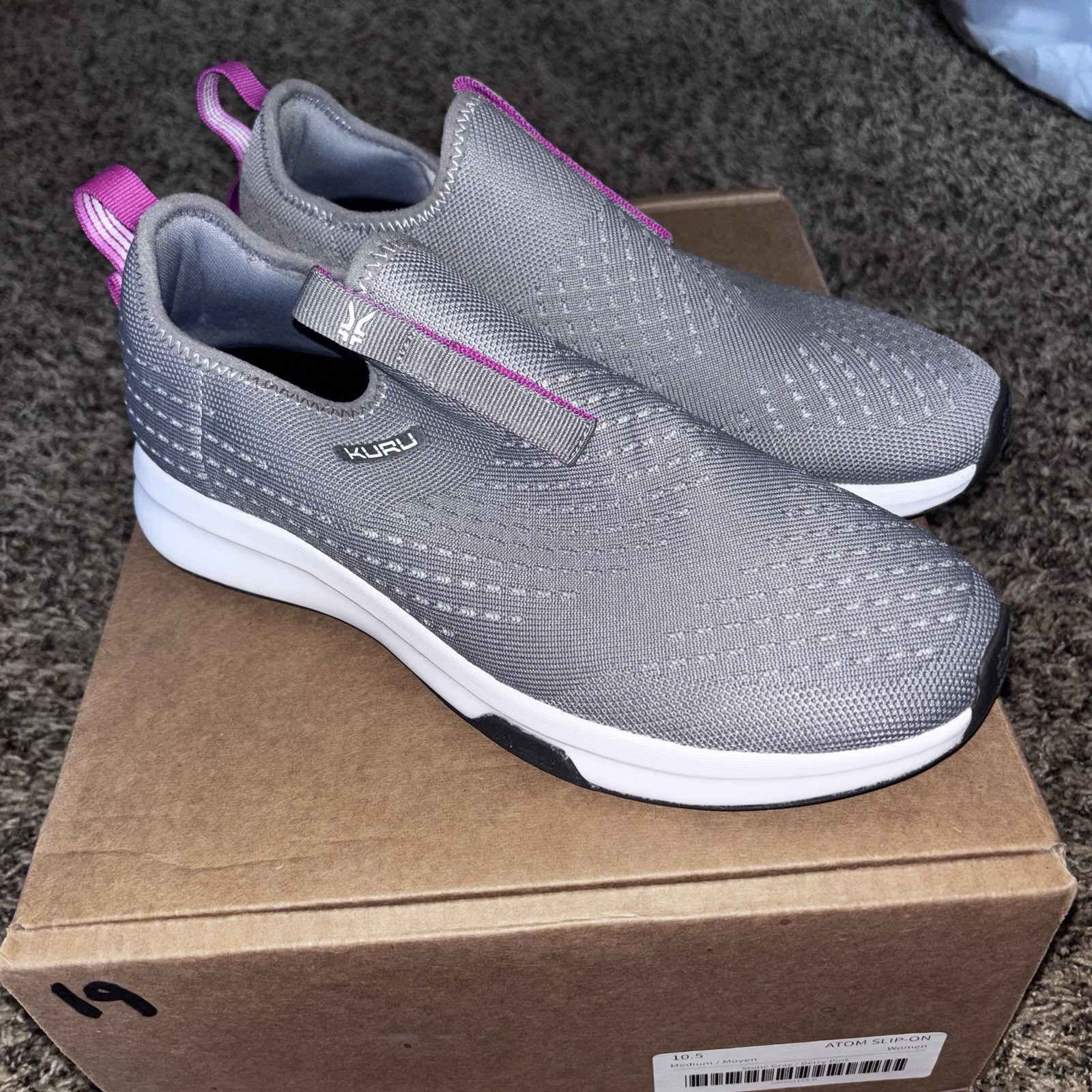 Kuru Atom Womens Size 10.5 Gray White Pink Walking Slip On Shoes Sneakers New