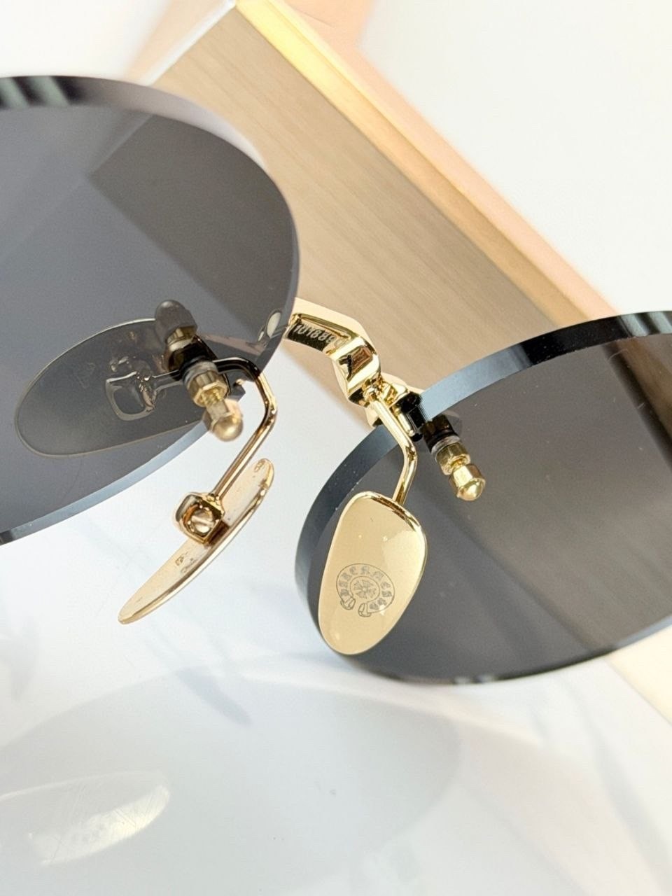 Chrome Hearts Rimless Round Sunglasses Black Gold Floral Temple Luxury Eyewear