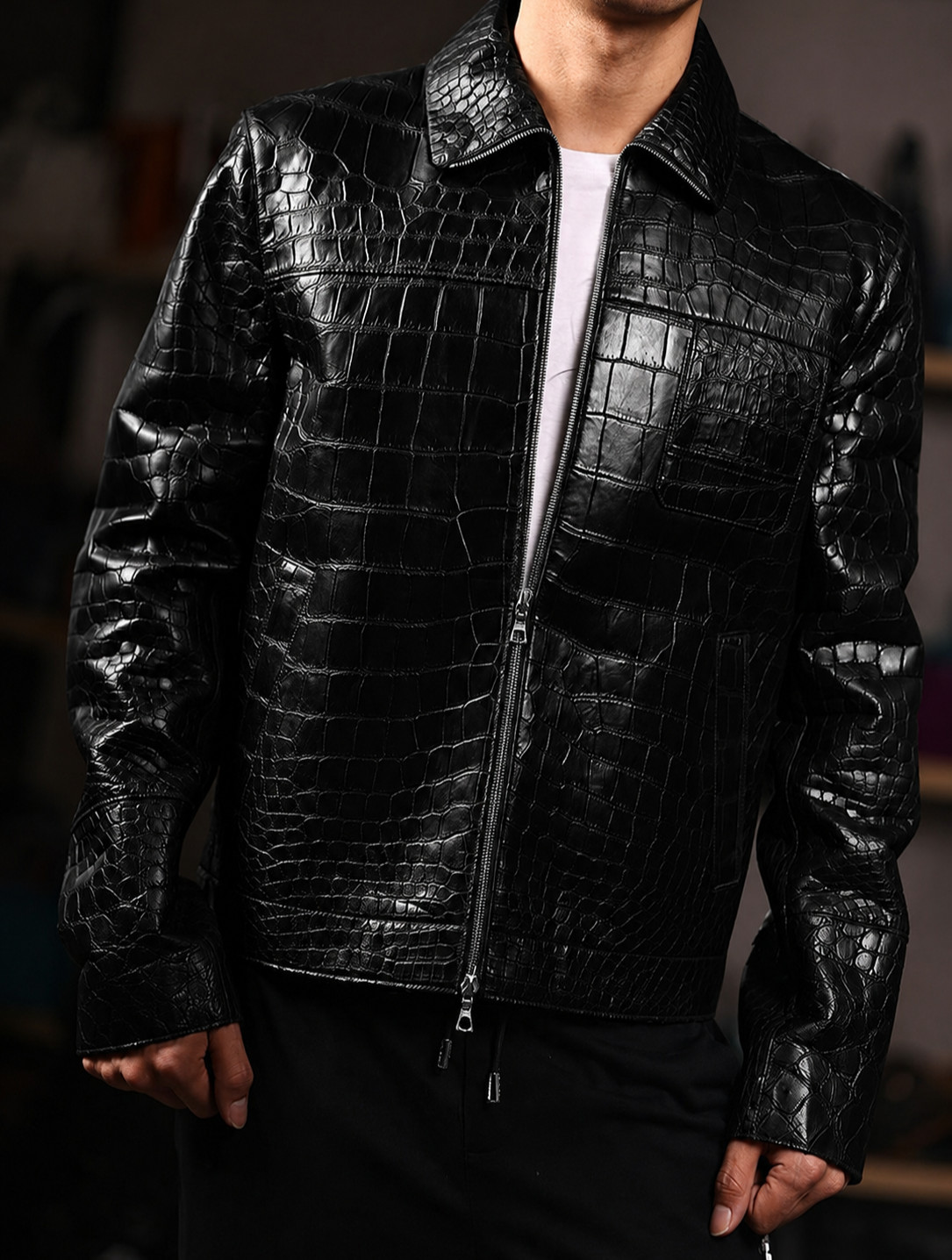 Men’s Crocodile Print Leather Jacket Real Luxury Black Alligator Embossed Jacket