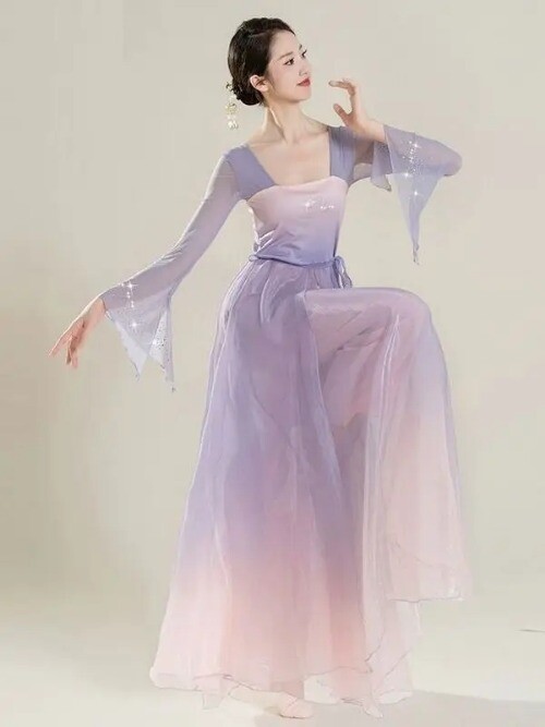 Classical Dance Costume for Women Han Tang Dynasty Showcasing Elegant Mesh Dress