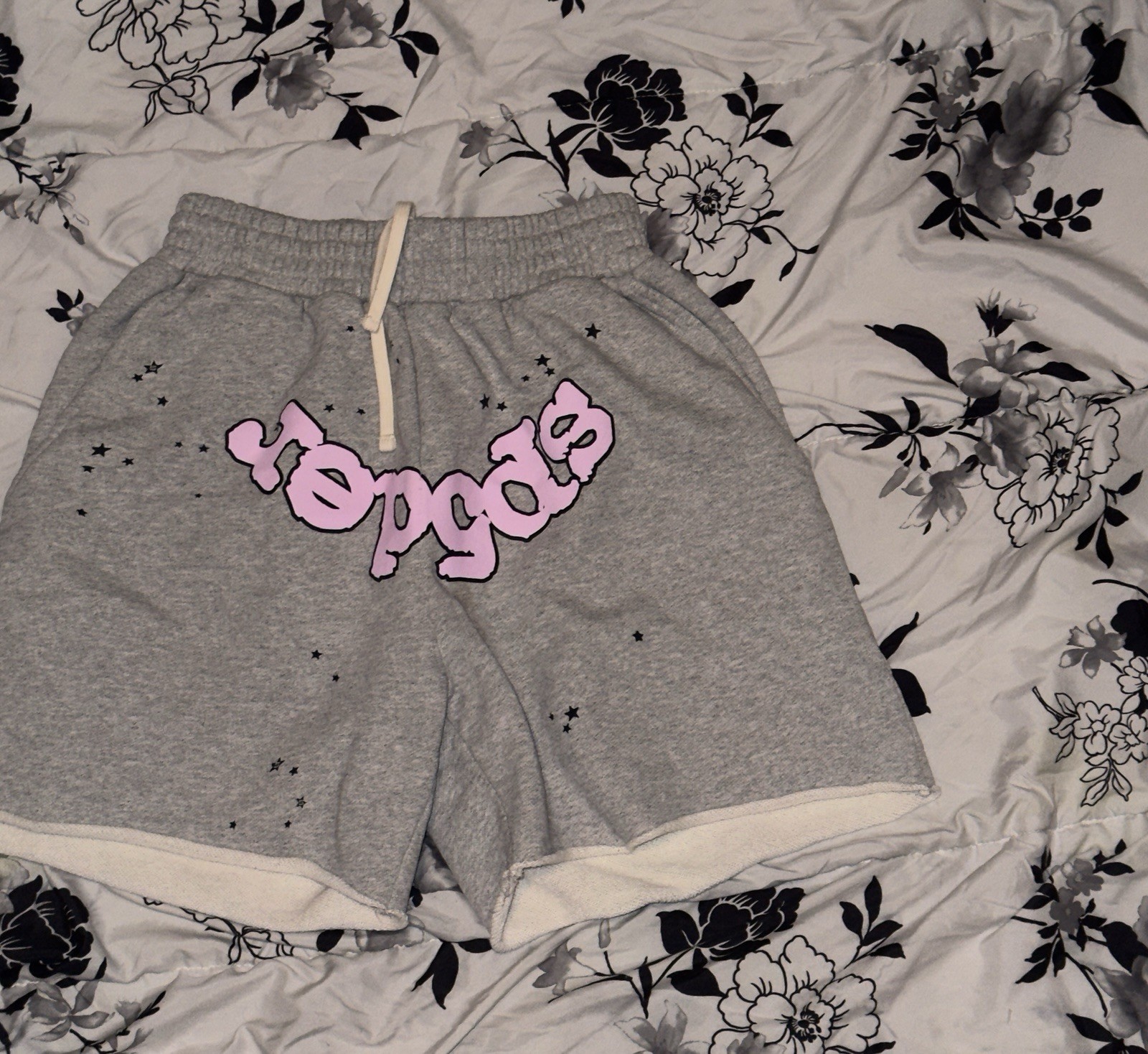 SP5DER Og Web Logo Gray Sweat Shorts Size S Pink Logo Pockets Drawstring