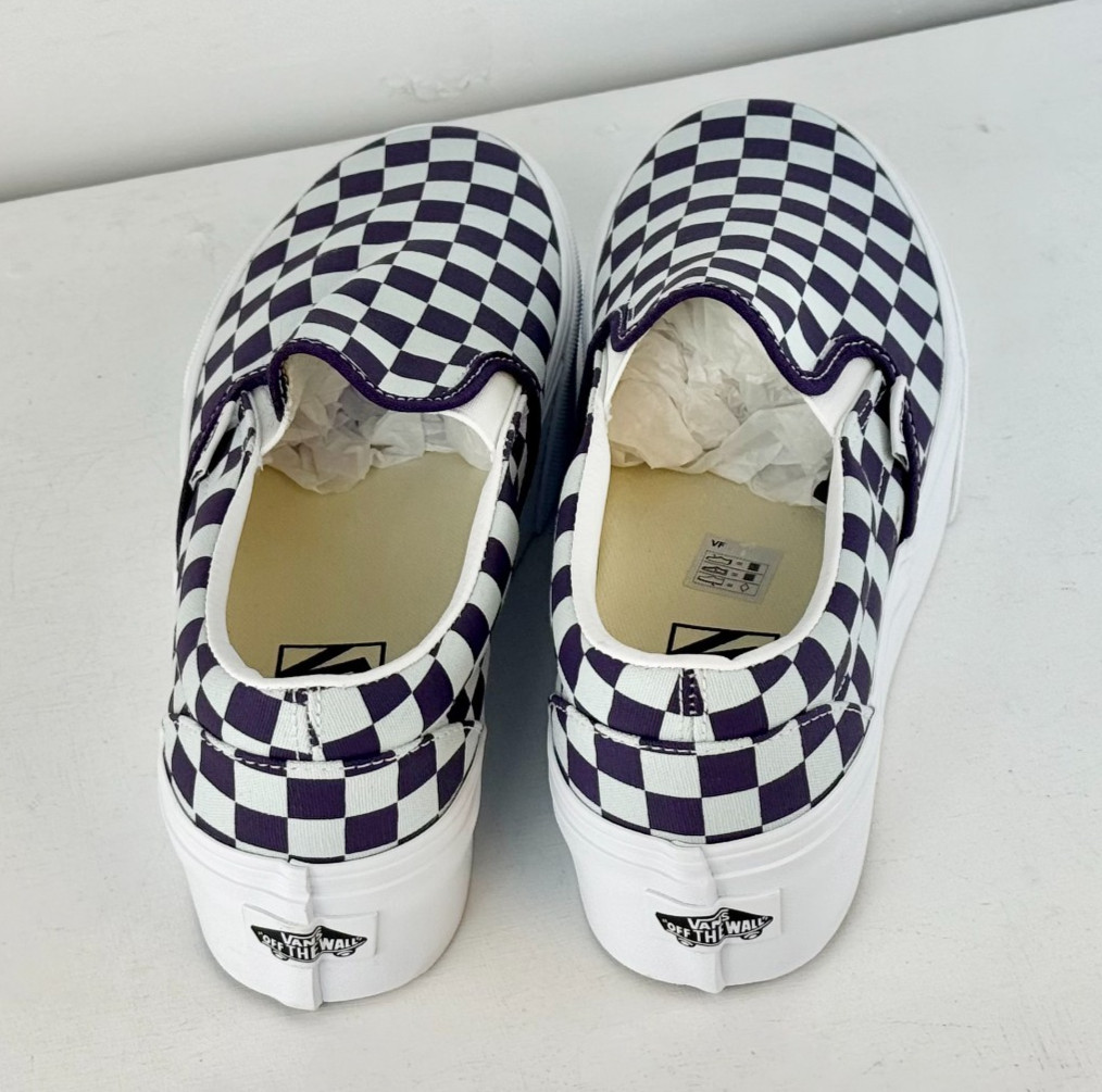M6.5 W8-Vans Classic Slip-On Platform Checkerboard Shoe-Mist Blue/Gothic Grape