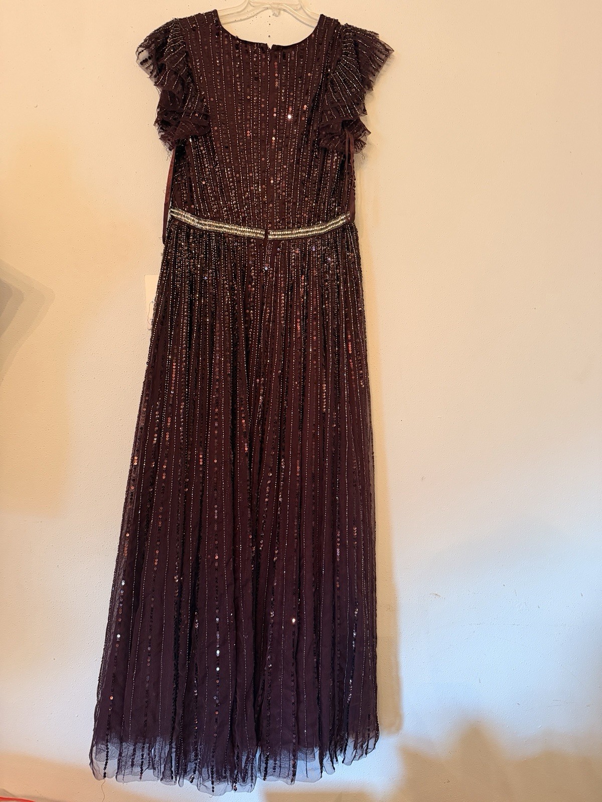 MacDuggal Burgundy Wine Sequin Beaded Flutter Sleeve Evening Gown Dress Sz12 NWT