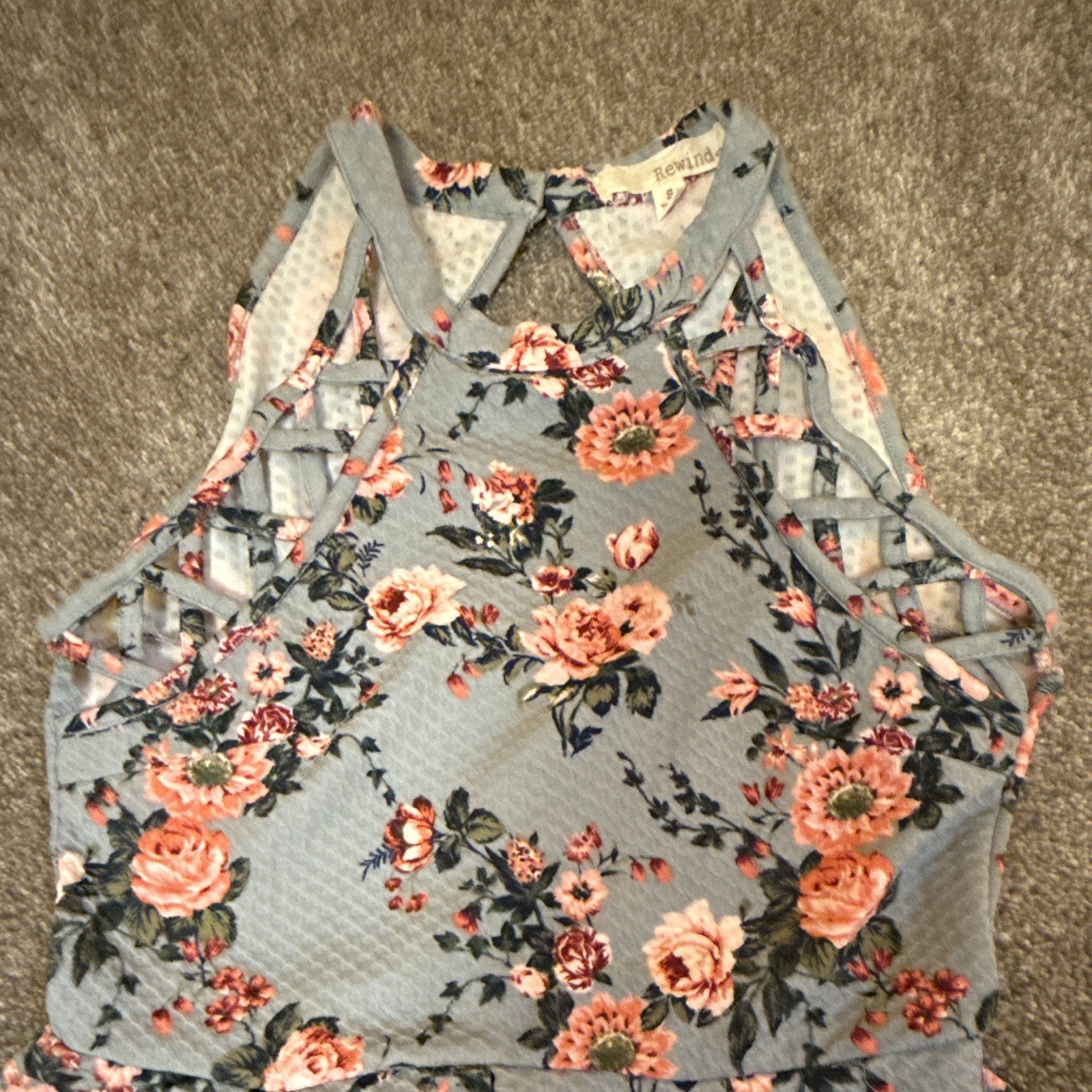 Rewind Juniors Sundress Size S Blue/Pink Floral Halter Sleeveless Keyhole Knee