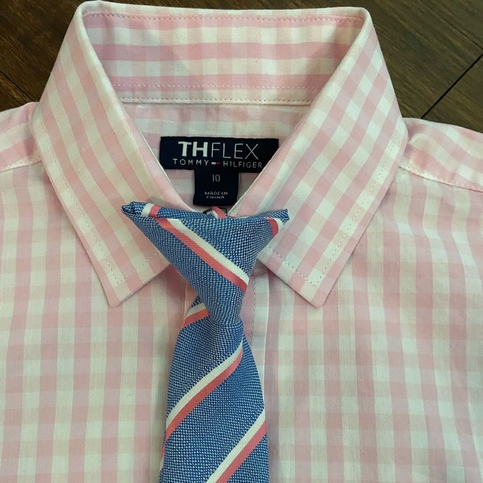 THFLEX Tommy Hilfiger Pink White CHECKED SHIRT Blue Pink TIE for Suit BOYS 10