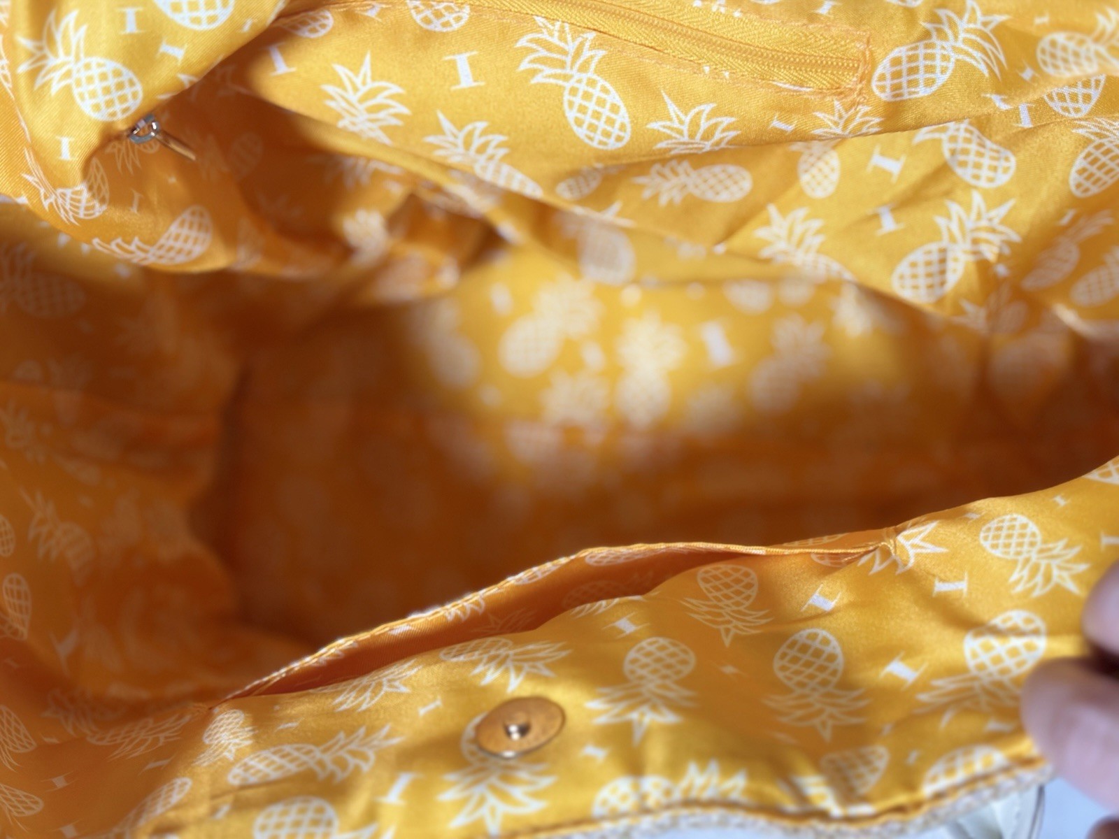 Beige Tote Bag Embroidered “Sun, please” Yellow Pineapple Lined Pockets