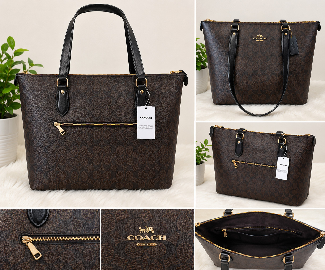 Coach Gallery Tote Bag Signature Canvas, CW381, Gold/Walnut/Black