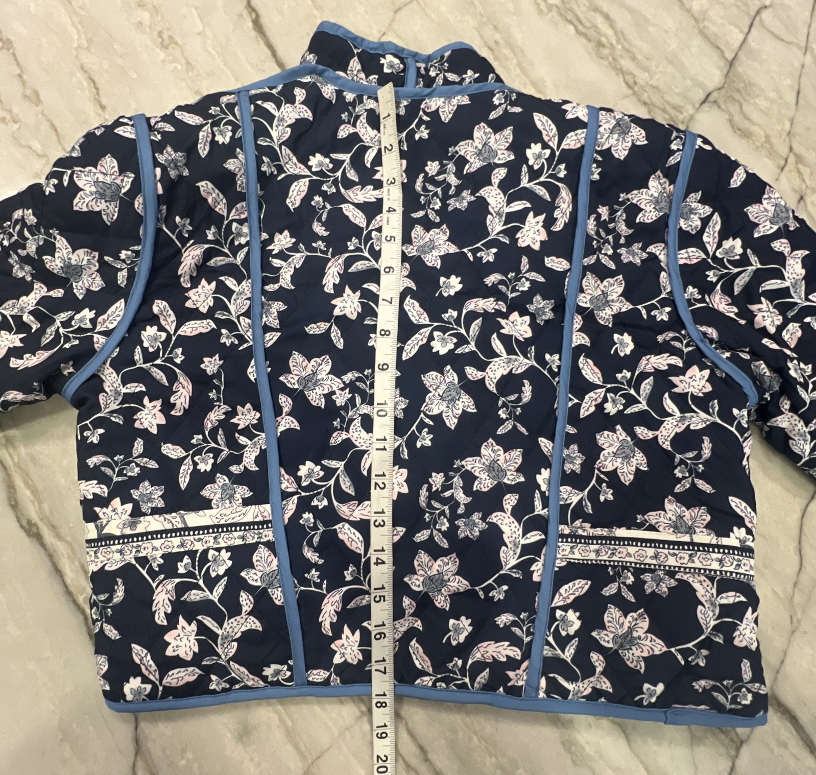 Reversible Quilted Jacket Cropped Sz MED* Navy Blue Floral Ivory/Pink