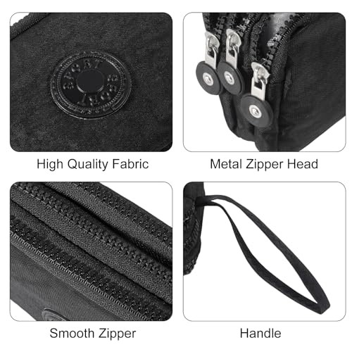 Large Capacity Wristlet Wallet – Women 3 Layers Zipper Oxford Cloth Black