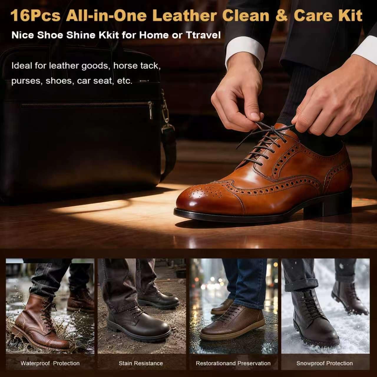 16-in-1 Shoe Polish Kit, Leather Shine Care Cleaning 3.5 Fluid Ounces, Black