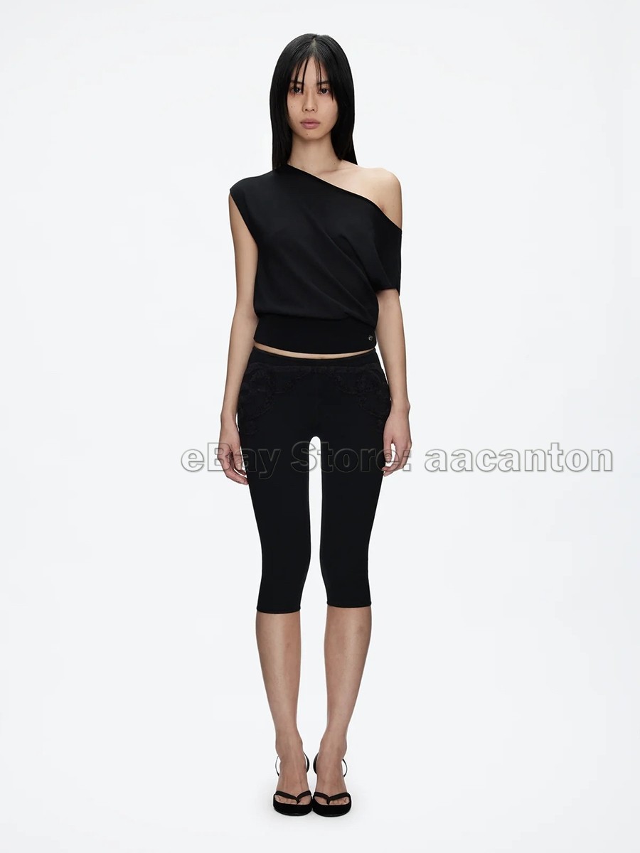 Tank Air Black Short Sleeved Off-Shoulder Tops Lightweight Knit T-shirts New