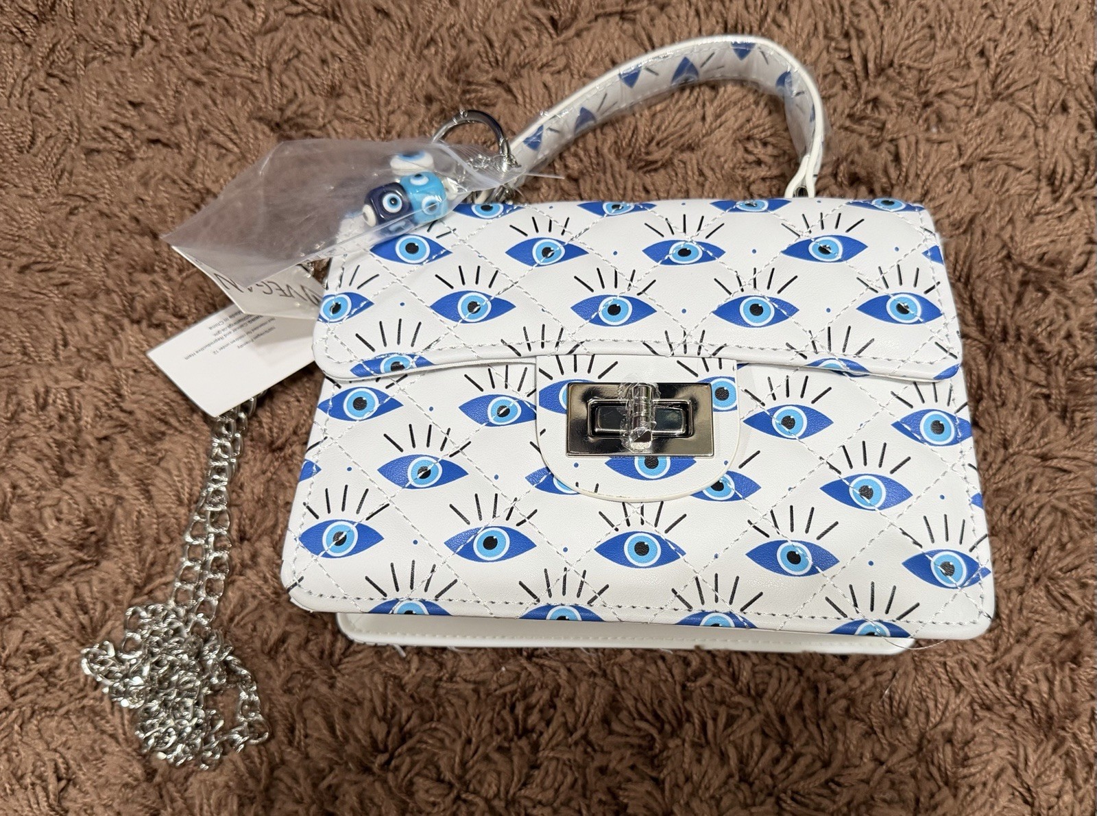 New White 100% Vegan Leather Evil Eye Crossbody Bag Detachable Chain Straps