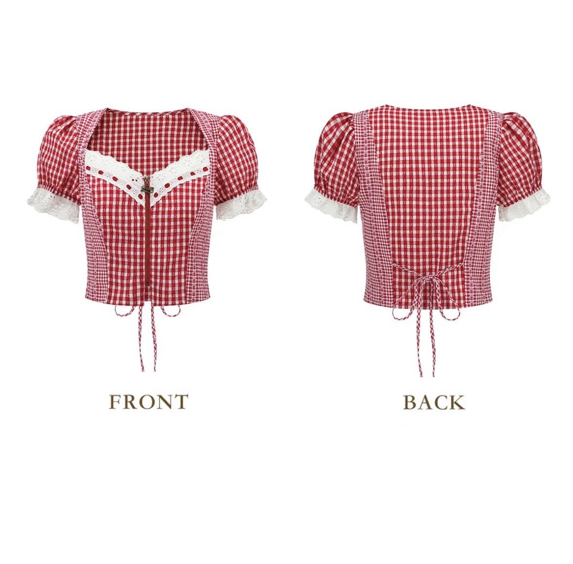Women’s Red/White Gingham Cropped Blouse Square Neck Puff Sleeve Lace Zip