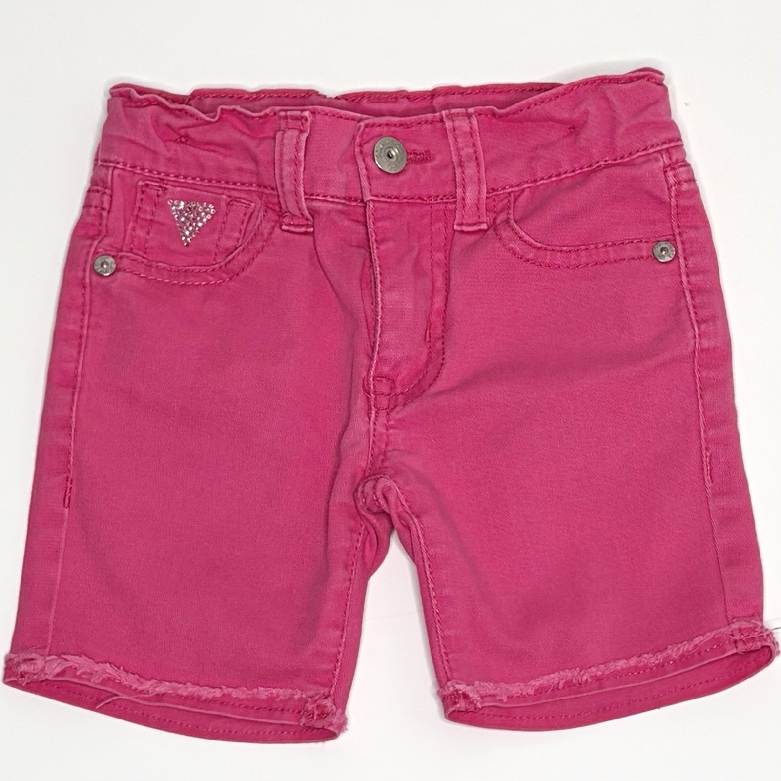 Guess Girls Pink Denim Shorts Size 4 Stretch Raw Hem Rhinestone Logo Jean Shorts