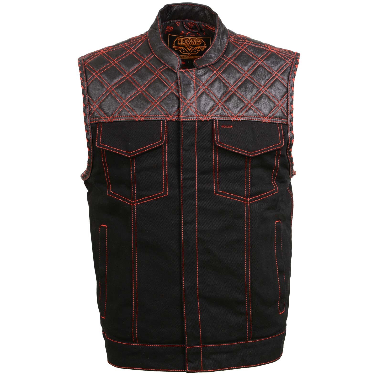 Milwaukee Leather 3036 Men’s Wrecker Denim &Leather Club Style Vest w/ Diamond