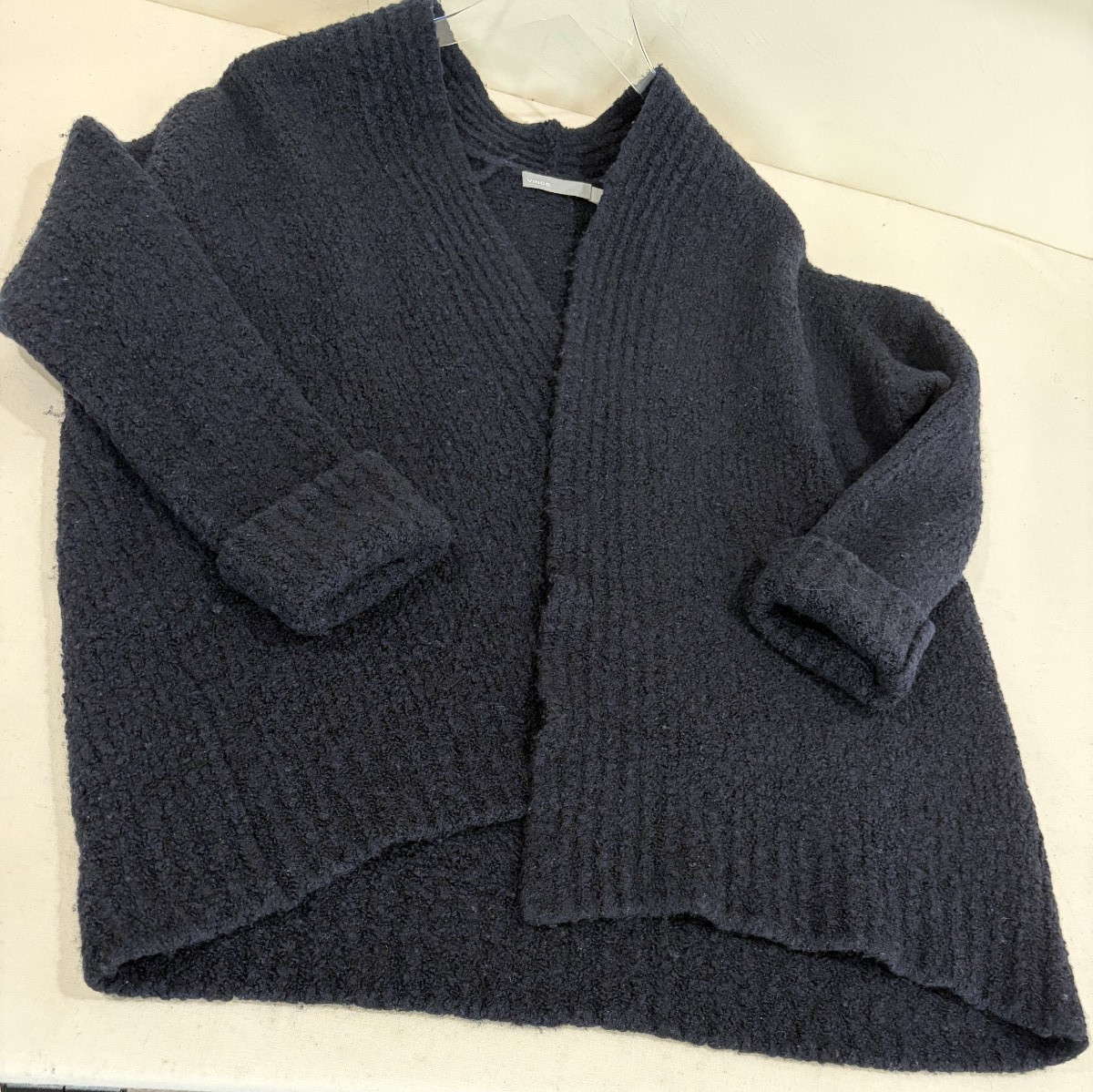 VINCE Sz Large Navy Blue Wool Cashmere Silk Chunky Ribbed Open Cardigan Sweater