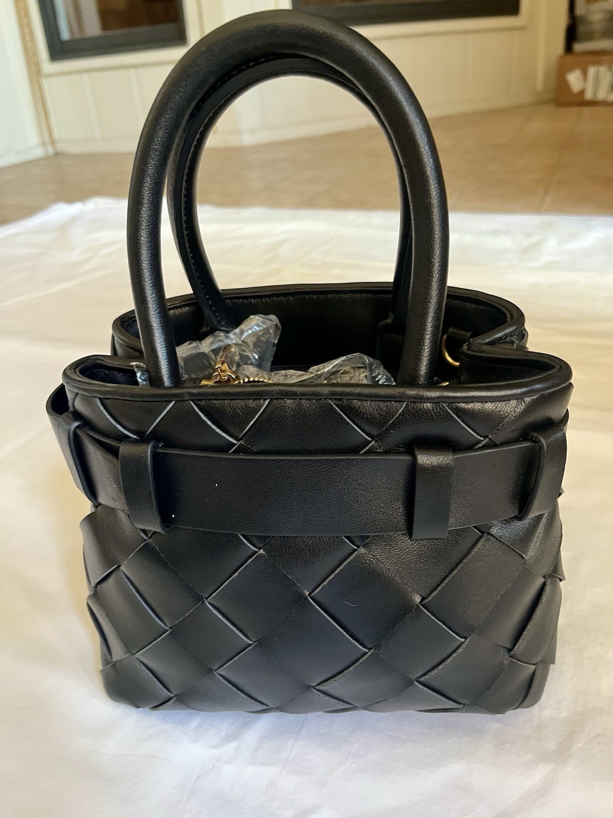 The Sam Edelman Black Cleo Mini/small Woven Belt Buckle Top Handle w/ Strap EUC