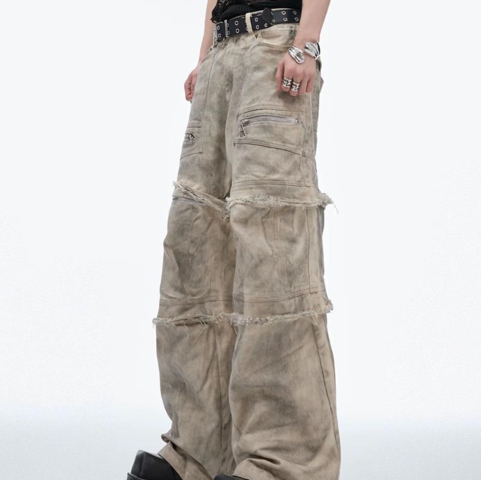 Men’s Beige Straight Leg Casual Pants Tassels Zipper Punk Hip Hop Trousers New
