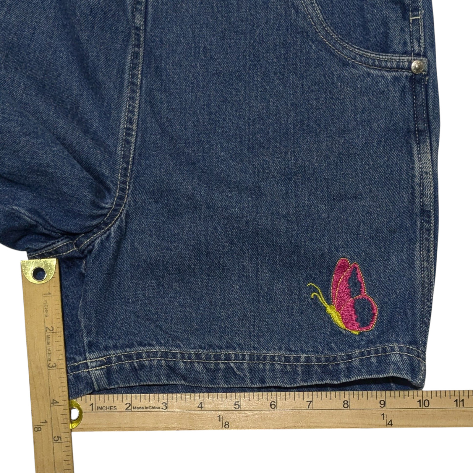 Vintage 90s No Excuses Denim Bib Overalls Shorts Shortalls Girls Large Butterfly