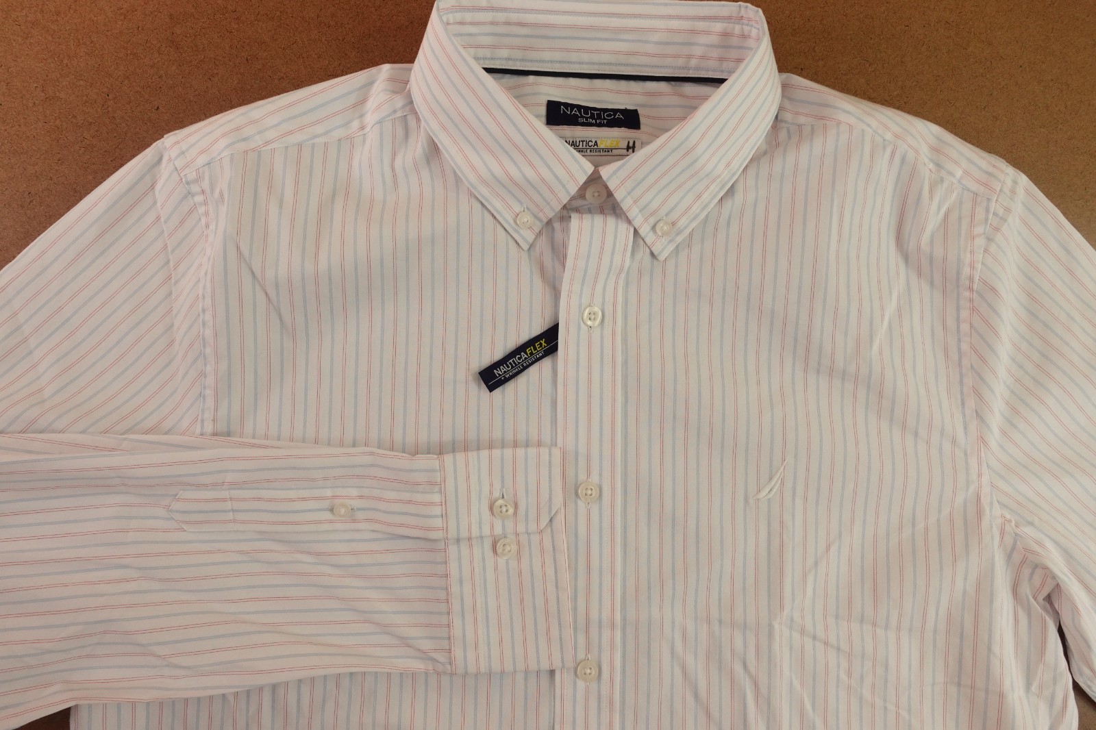 Nautica Mens Large Bright White Striped Slim Fit Long Sleeve Button-Up Shirt NWT