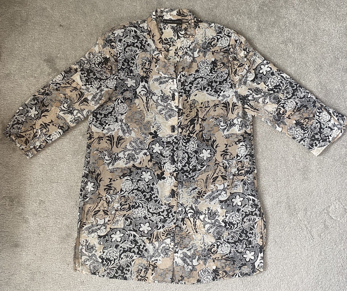 Gloria Lance Blouse With Cami Medium Black Tan White Floral Shoulder Pads VTG